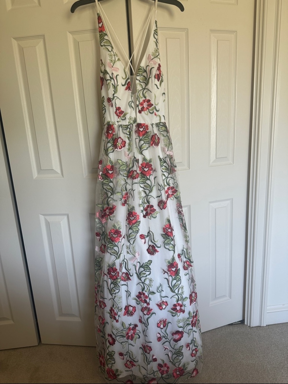 City Studio White Maxi Dress with Pink & Green Floral Embroidery